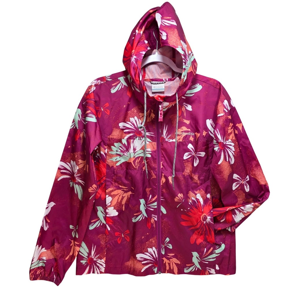 Columbia Floral Bird Print Windbreaker Jacket Womens S Full Zip Hooded Pink